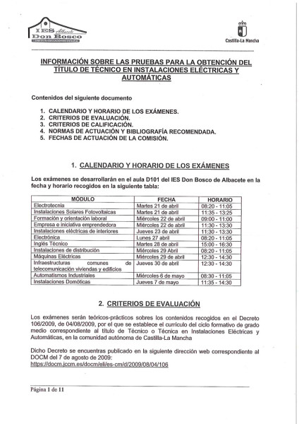 INFORMACIÓN SOBRE LAS PRUEBAS LIBRES DE TÉCNICO EN INSTALACIONES ELÉCTRICAS Y AUTOMÁTICAS